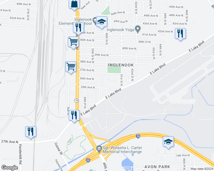 map of restaurants, bars, coffee shops, grocery stores, and more near 3524 40th Street North in Birmingham