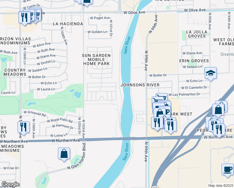 map of restaurants, bars, coffee shops, grocery stores, and more near 8301 North 103rd Avenue in Peoria