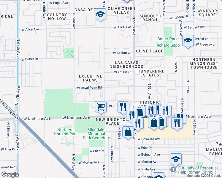 map of restaurants, bars, coffee shops, grocery stores, and more near 6025 West Royal Palm Road in Glendale
