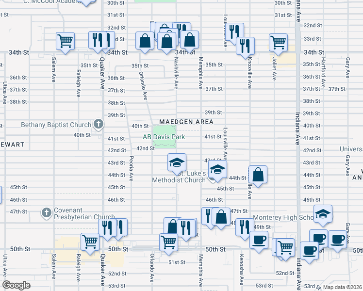 map of restaurants, bars, coffee shops, grocery stores, and more near 3814 42nd Street in Lubbock