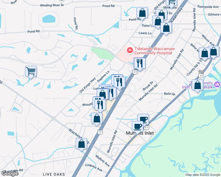 map of restaurants, bars, coffee shops, grocery stores, and more near 4290 Santolina Way in Murrells Inlet