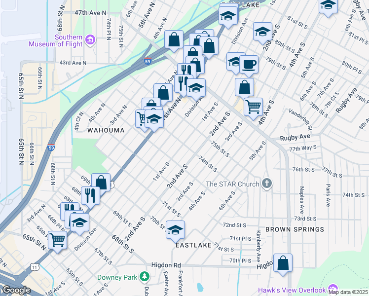 map of restaurants, bars, coffee shops, grocery stores, and more near 7333 1st Avenue South in Birmingham