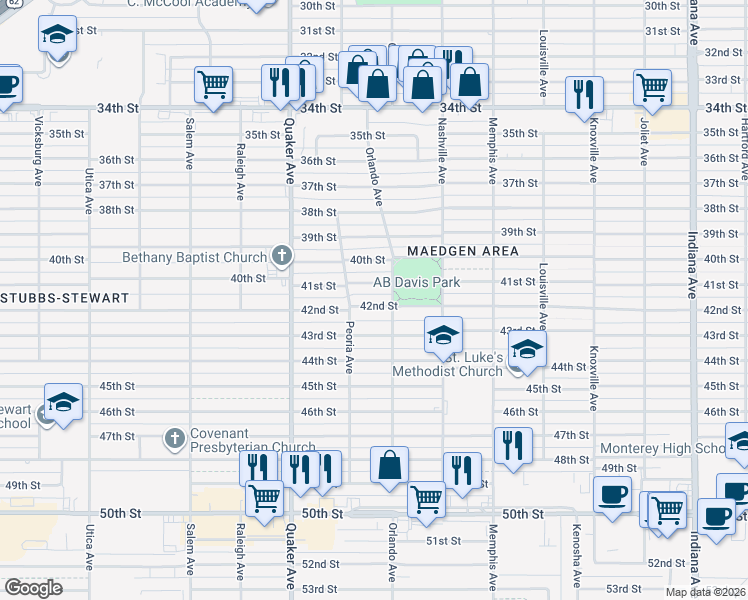 map of restaurants, bars, coffee shops, grocery stores, and more near 4208 42nd Street in Lubbock