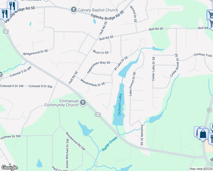 map of restaurants, bars, coffee shops, grocery stores, and more near 4721 Meadowlark Dr SE in Conyers