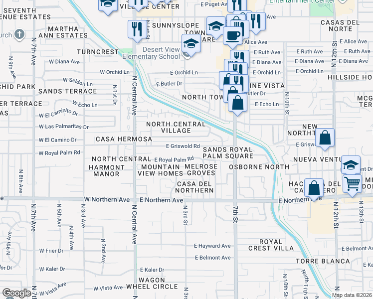 map of restaurants, bars, coffee shops, grocery stores, and more near 301 East Griswold Road in Phoenix