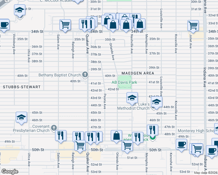 map of restaurants, bars, coffee shops, grocery stores, and more near 4212 42nd Street in Lubbock
