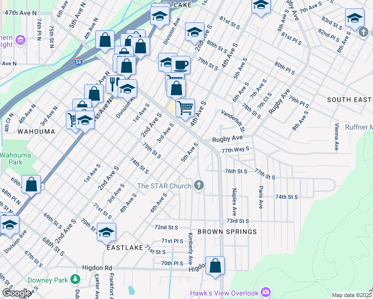 map of restaurants, bars, coffee shops, grocery stores, and more near 7600 5th Avenue South in Birmingham