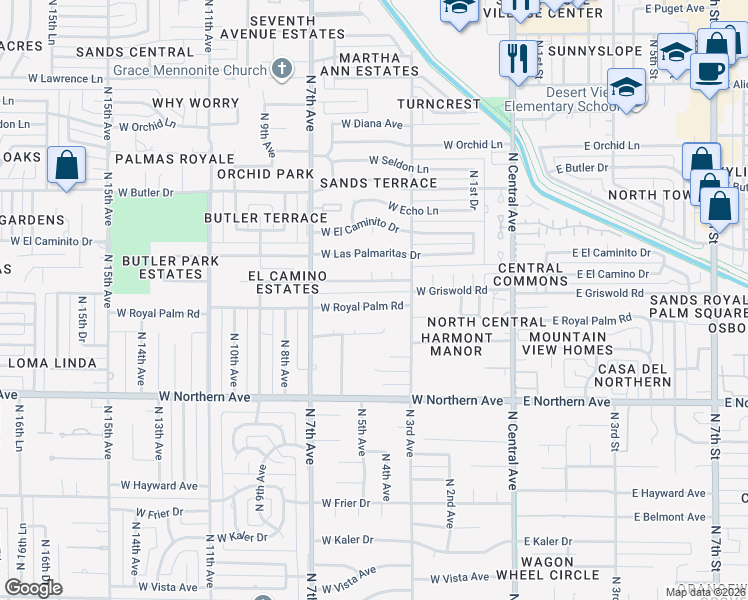 map of restaurants, bars, coffee shops, grocery stores, and more near 332 West Royal Palm Road in Phoenix