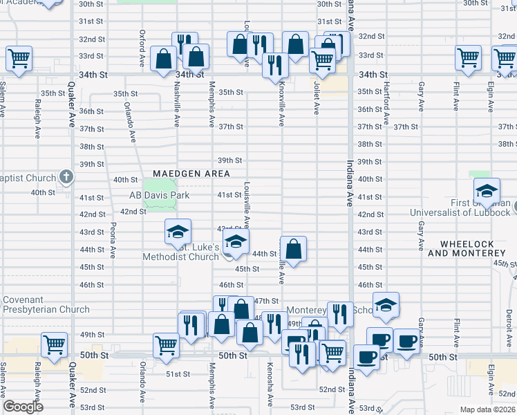map of restaurants, bars, coffee shops, grocery stores, and more near 3612 42nd Street in Lubbock