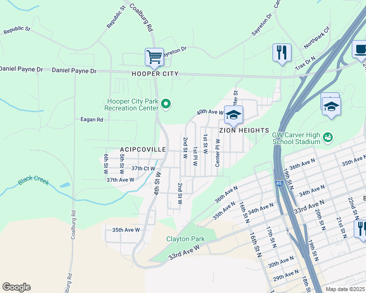 map of restaurants, bars, coffee shops, grocery stores, and more near 3810 2nd Place West in Birmingham