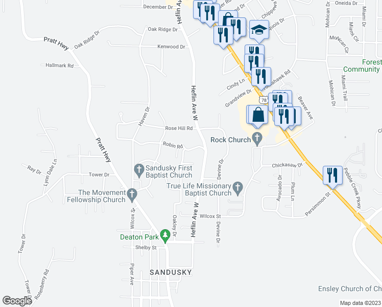 map of restaurants, bars, coffee shops, grocery stores, and more near 417 Robin Road in Birmingham