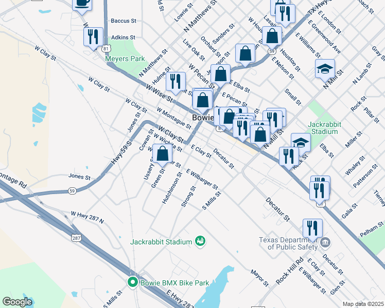 map of restaurants, bars, coffee shops, grocery stores, and more near 109 East Wichita Street in Bowie