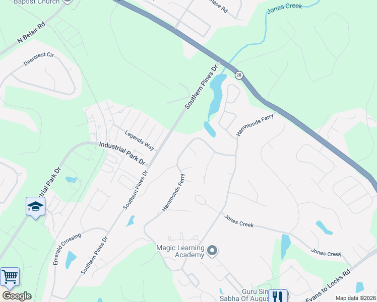 map of restaurants, bars, coffee shops, grocery stores, and more near 4176 Pellary Place in Evans
