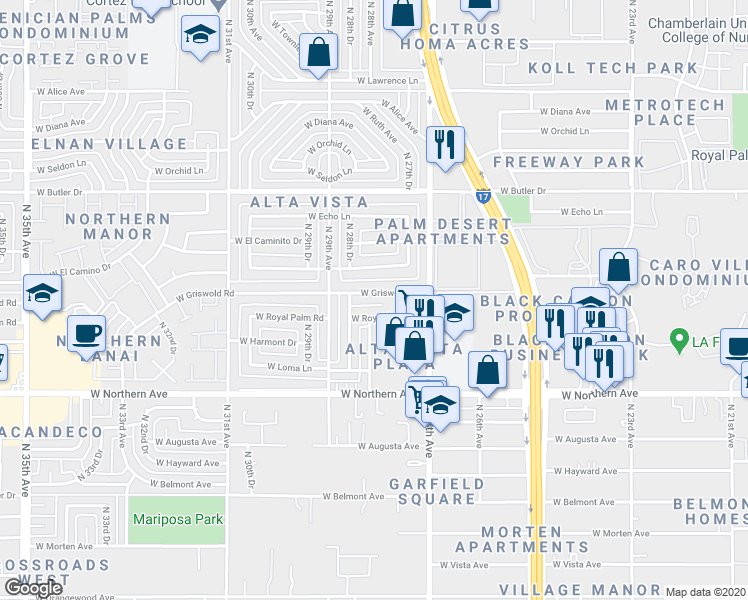 map of restaurants, bars, coffee shops, grocery stores, and more near 2747 West Griswold Road in Phoenix