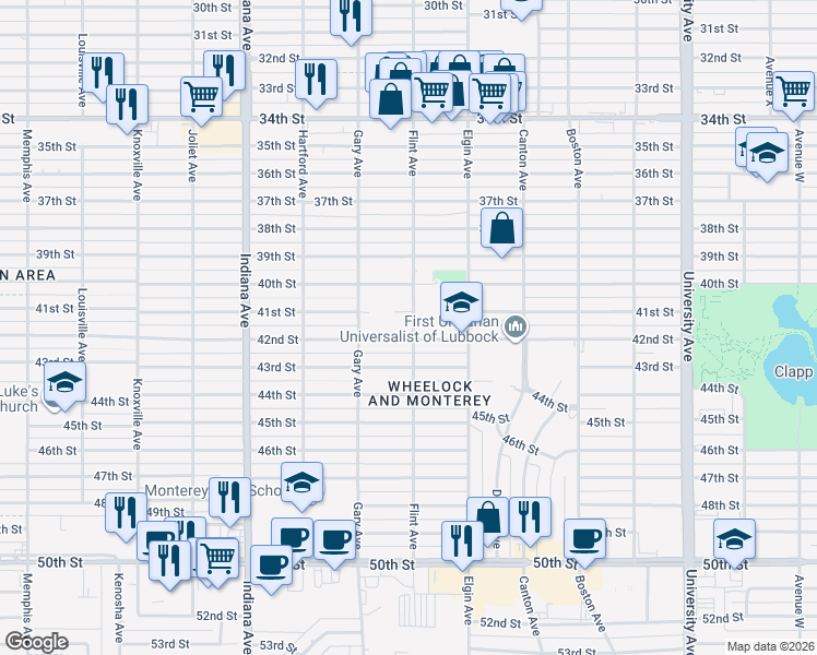 map of restaurants, bars, coffee shops, grocery stores, and more near 4012 Flint Ave in Lubbock