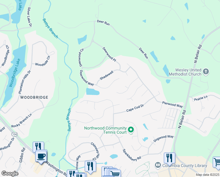 map of restaurants, bars, coffee shops, grocery stores, and more near 656 Deerwood Way in Evans