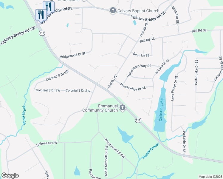 map of restaurants, bars, coffee shops, grocery stores, and more near 1520 Georgia 212 in Conyers