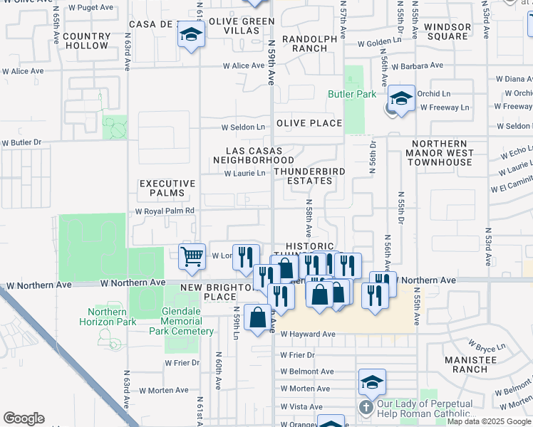 map of restaurants, bars, coffee shops, grocery stores, and more near 5905 West Royal Palm Road in Glendale