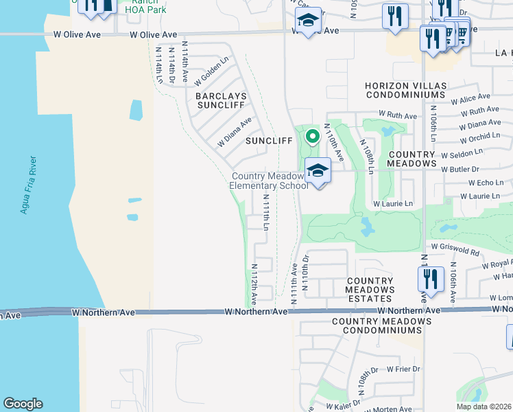 map of restaurants, bars, coffee shops, grocery stores, and more near 8251 North 112th Avenue in Peoria