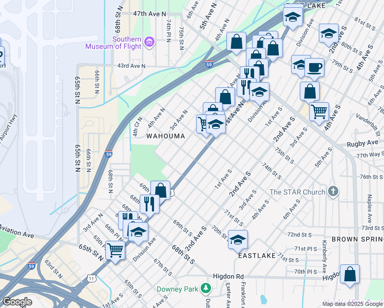map of restaurants, bars, coffee shops, grocery stores, and more near 107 72nd Street South in Birmingham