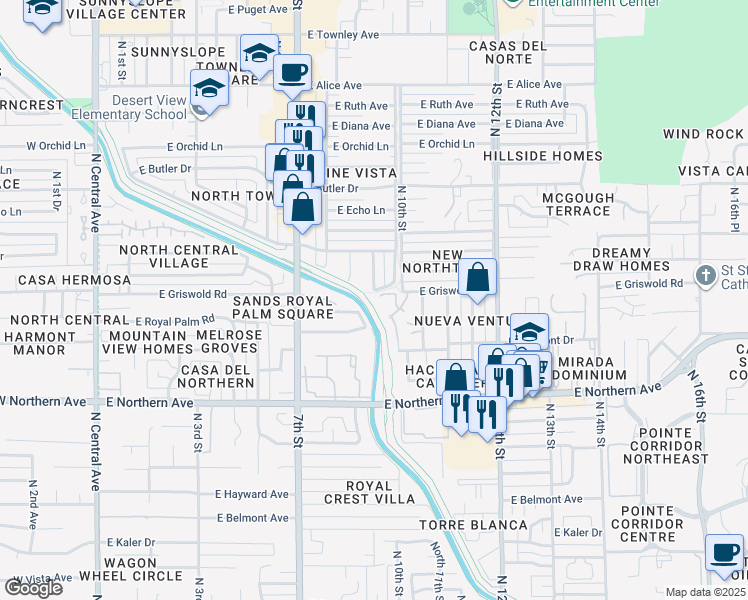 map of restaurants, bars, coffee shops, grocery stores, and more near 8202 North 9th Street in Phoenix