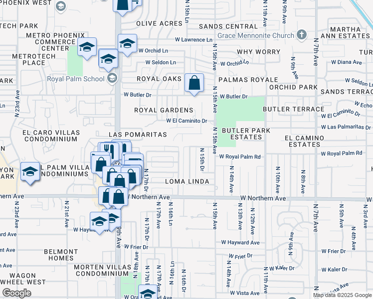 map of restaurants, bars, coffee shops, grocery stores, and more near 8092 North 16th Avenue in Phoenix