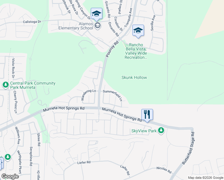 map of restaurants, bars, coffee shops, grocery stores, and more near 31598 Summerfield Lane in Murrieta