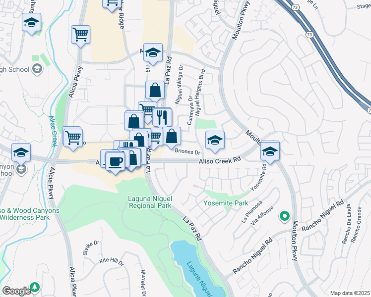map of restaurants, bars, coffee shops, grocery stores, and more near 24245 Briones Drive in Laguna Niguel
