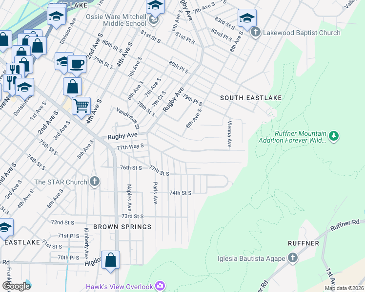 map of restaurants, bars, coffee shops, grocery stores, and more near 805 Vanderbilt Street in Birmingham