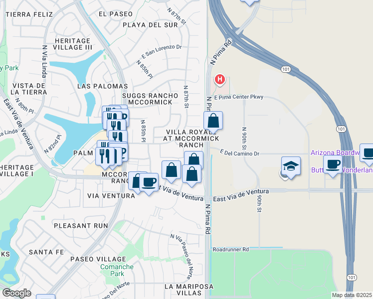 map of restaurants, bars, coffee shops, grocery stores, and more near 8651 East Royal Palm Road in Scottsdale