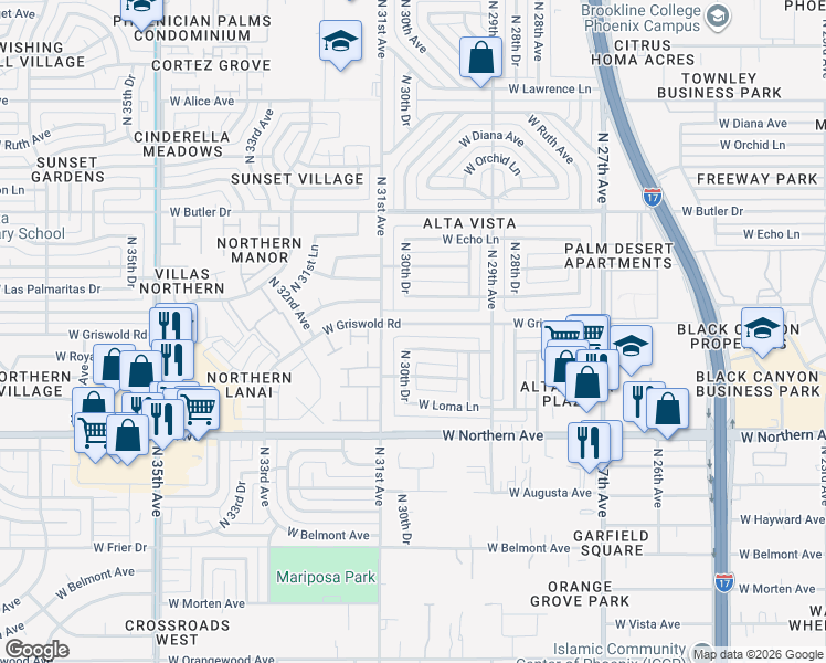 map of restaurants, bars, coffee shops, grocery stores, and more near 3033 West Griswold Road in Phoenix