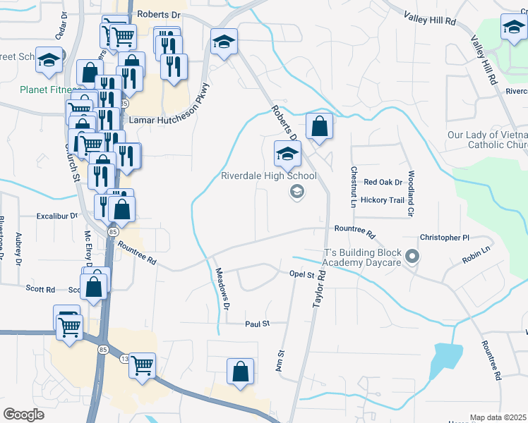 map of restaurants, bars, coffee shops, grocery stores, and more near 7263 Sandpiper Way in Riverdale