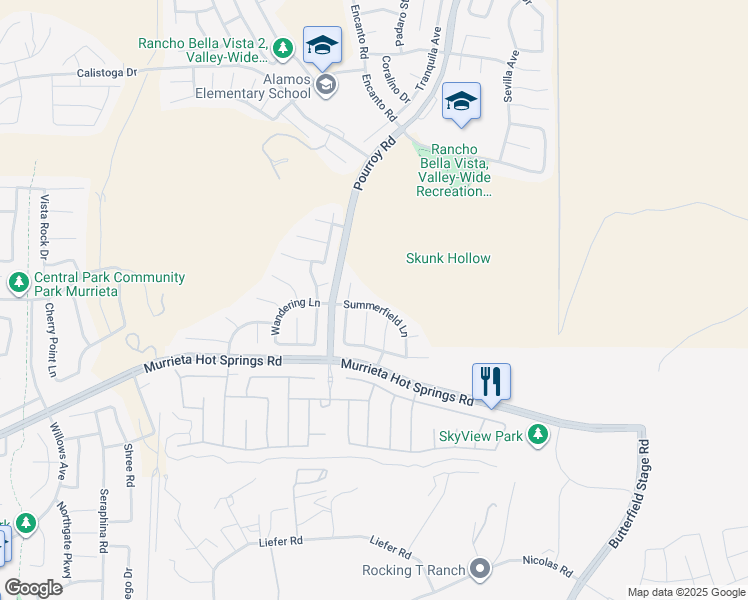 map of restaurants, bars, coffee shops, grocery stores, and more near 31598 Summerfield Lane in Murrieta