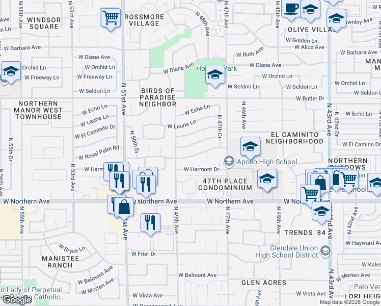 map of restaurants, bars, coffee shops, grocery stores, and more near 4839 West Las Palmaritas Drive in Glendale