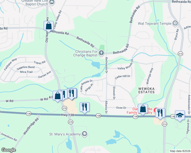 map of restaurants, bars, coffee shops, grocery stores, and more near 2215 Lake Royale Drive in Riverdale