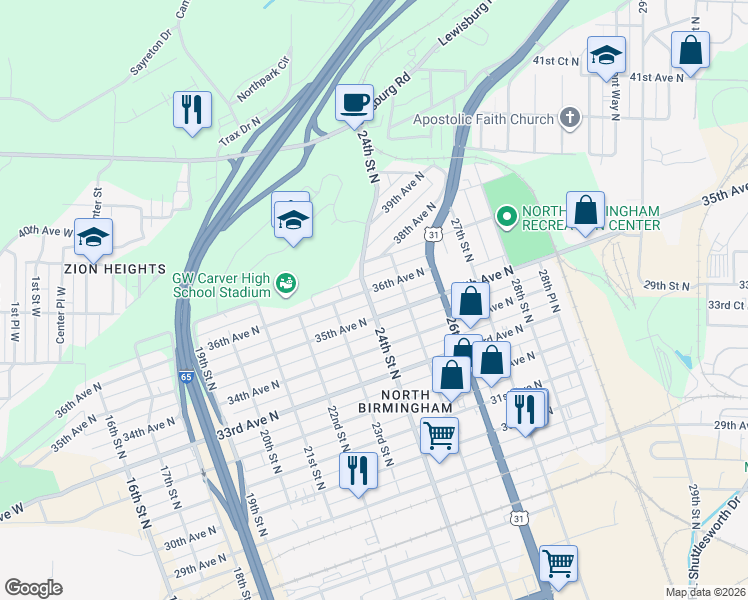 map of restaurants, bars, coffee shops, grocery stores, and more near 3515 24th Street North in Birmingham