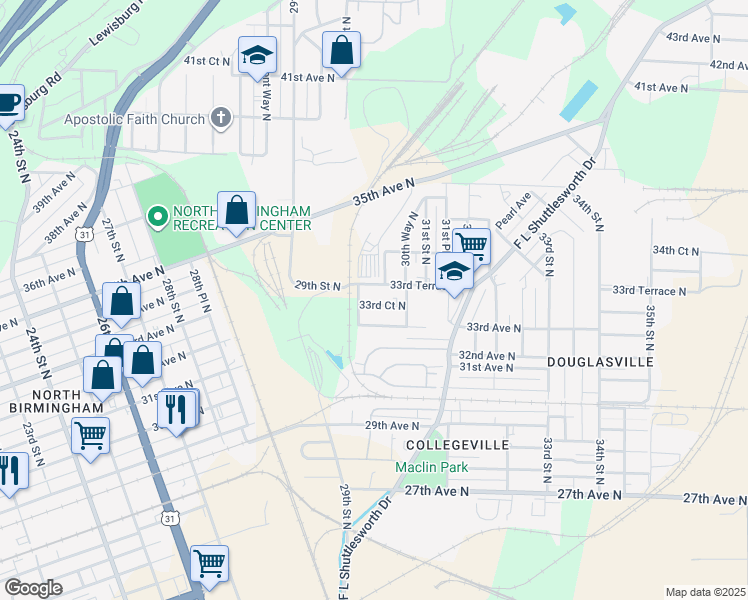 map of restaurants, bars, coffee shops, grocery stores, and more near 3022 33rd Court North in Birmingham