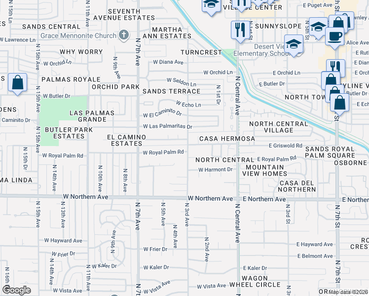 map of restaurants, bars, coffee shops, grocery stores, and more near 302 West Royal Palm Road in Phoenix