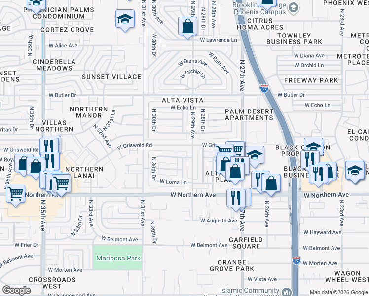 map of restaurants, bars, coffee shops, grocery stores, and more near 2915 West Griswold Road in Phoenix