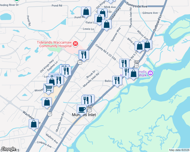 map of restaurants, bars, coffee shops, grocery stores, and more near 4238 Murrells Inlet Road in Murrells Inlet
