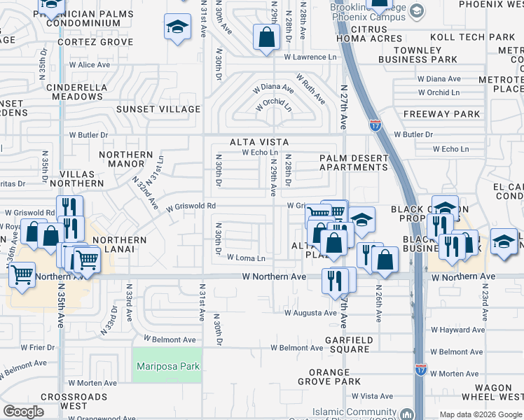 map of restaurants, bars, coffee shops, grocery stores, and more near 2915 West Griswold Road in Phoenix