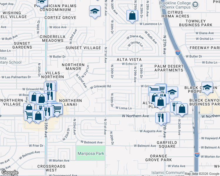 map of restaurants, bars, coffee shops, grocery stores, and more near 3033 West Griswold Road in Phoenix