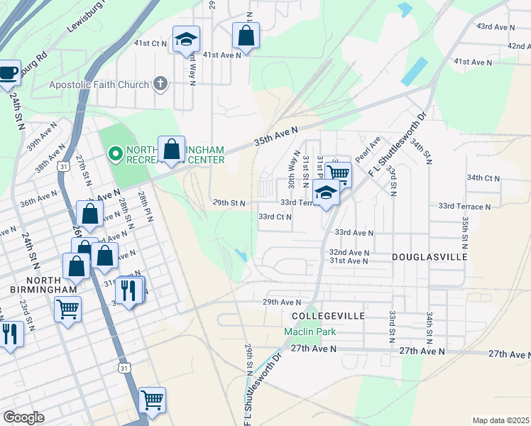 map of restaurants, bars, coffee shops, grocery stores, and more near 3022 33rd Court North in Birmingham