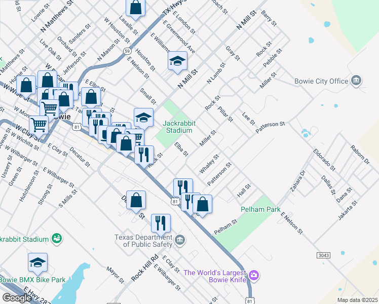 map of restaurants, bars, coffee shops, grocery stores, and more near 719 Elba Street in Bowie