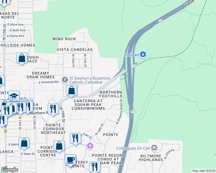 map of restaurants, bars, coffee shops, grocery stores, and more near 1825 East Northern Avenue in Phoenix