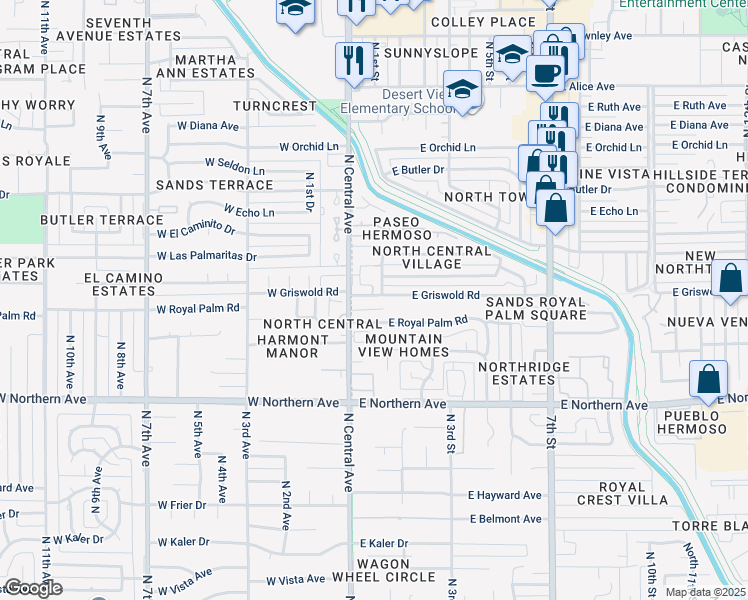 map of restaurants, bars, coffee shops, grocery stores, and more near 21 East Griswold Road in Phoenix