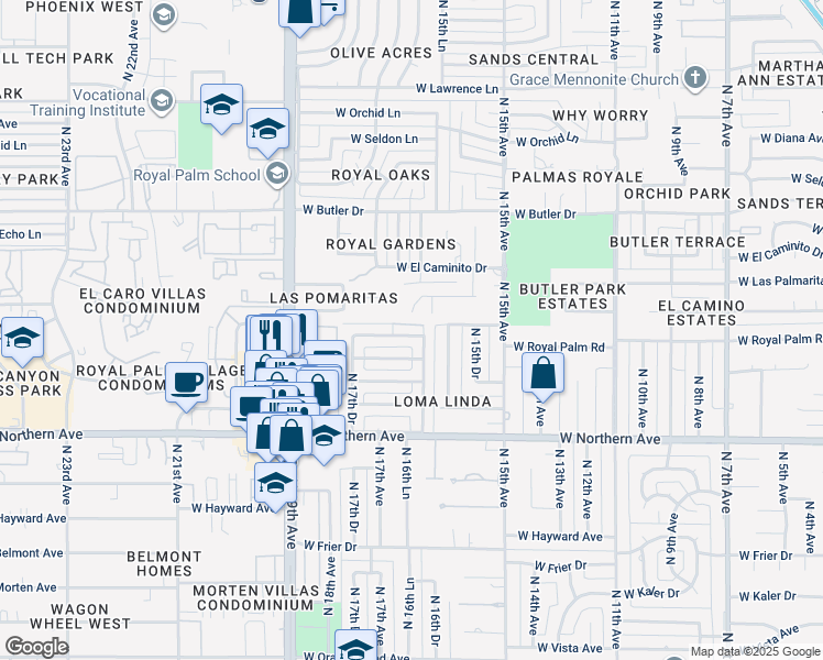 map of restaurants, bars, coffee shops, grocery stores, and more near 1638 West Griswold Road in Phoenix