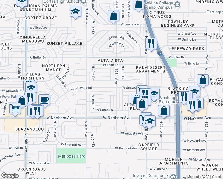 map of restaurants, bars, coffee shops, grocery stores, and more near 2915 West Griswold Road in Phoenix