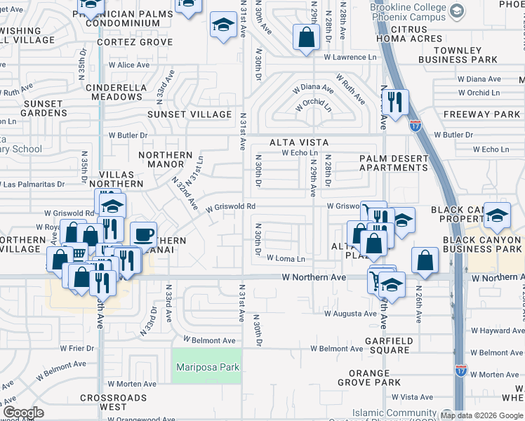 map of restaurants, bars, coffee shops, grocery stores, and more near 3033 West Griswold Road in Phoenix
