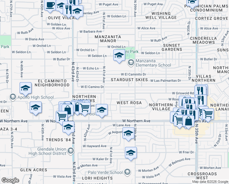map of restaurants, bars, coffee shops, grocery stores, and more near 4020 West Griswold Road in Phoenix